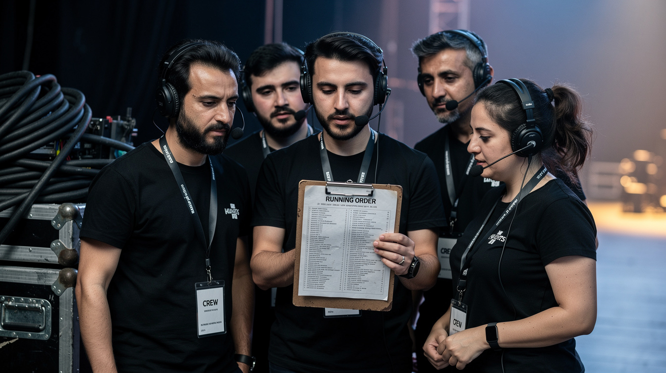 Television production crew coordinating backstage before a live broadcast