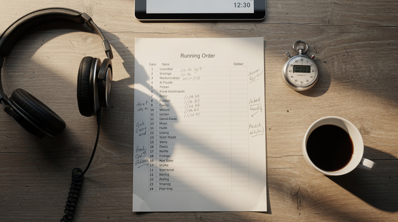 Overhead view of a broadcast script, headphones and coffee on a studio desk