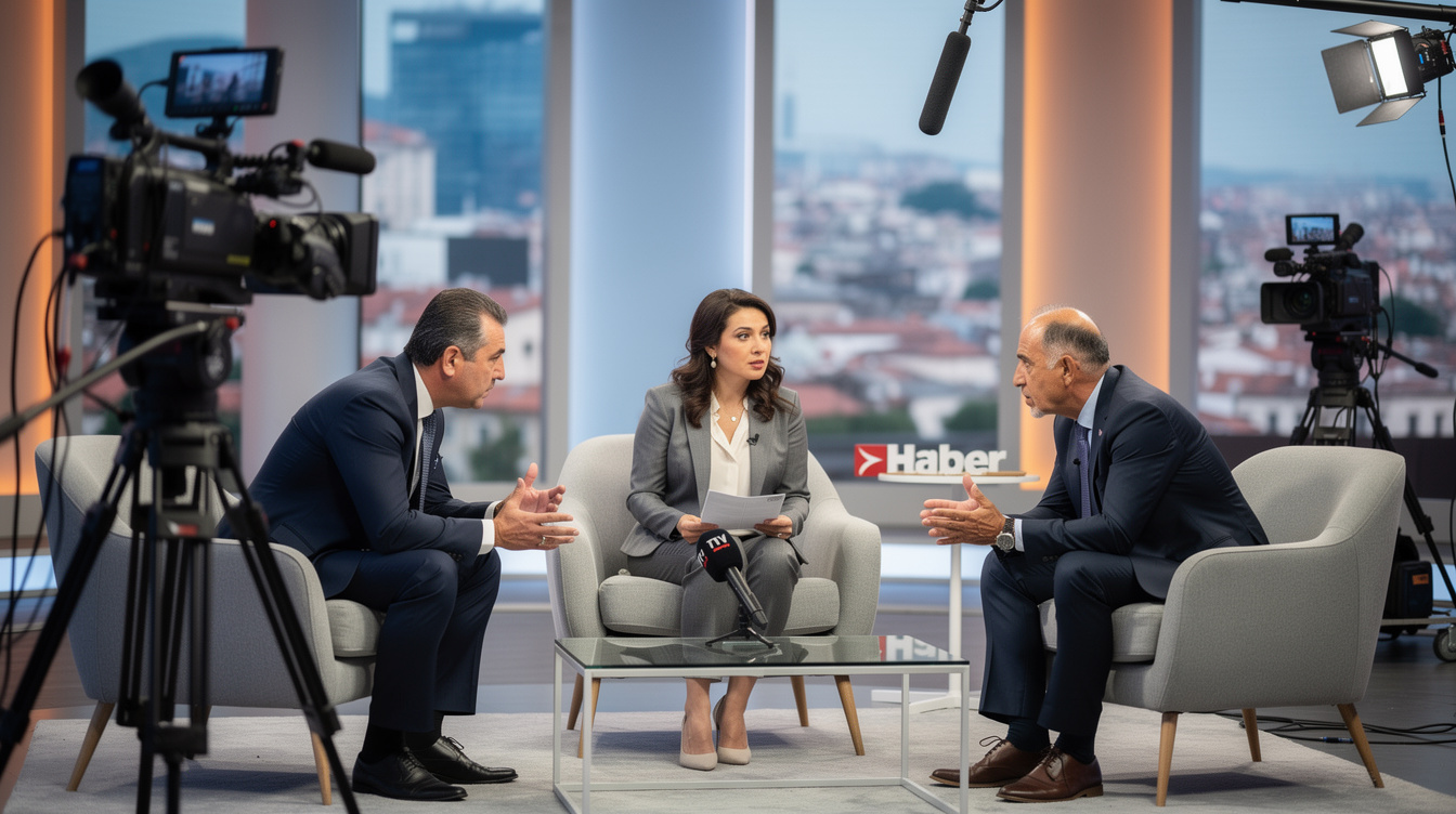 Live television interview set with two guests in a heated discussion