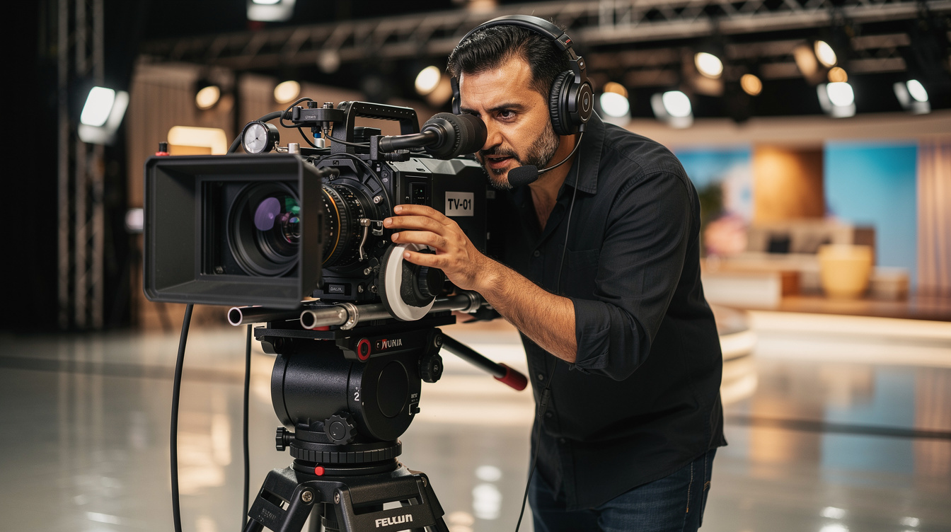 Television camera operator adjusting a studio camera during broadcast