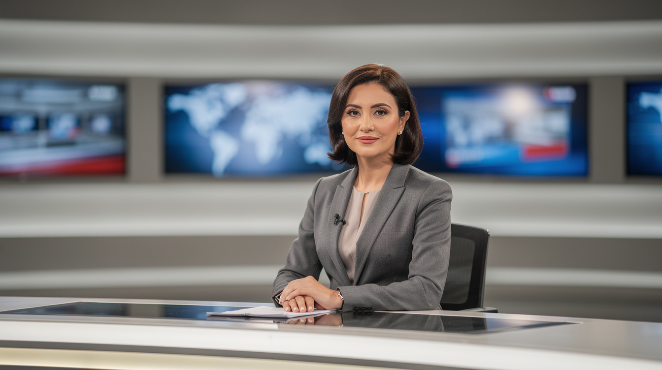 News anchor reading from a teleprompter under studio lights