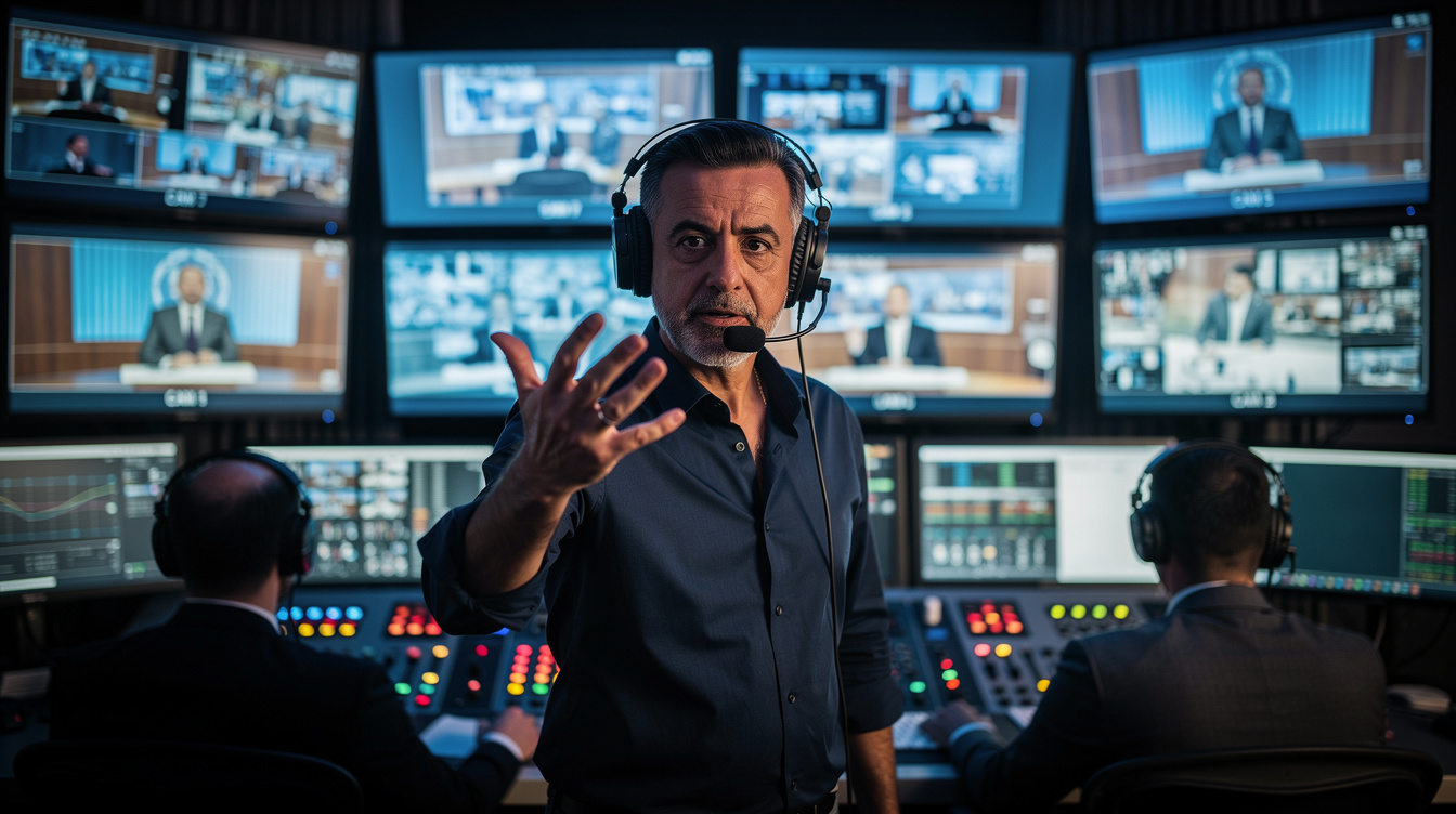 Broadcast director giving instructions in a control room with a wall of screens