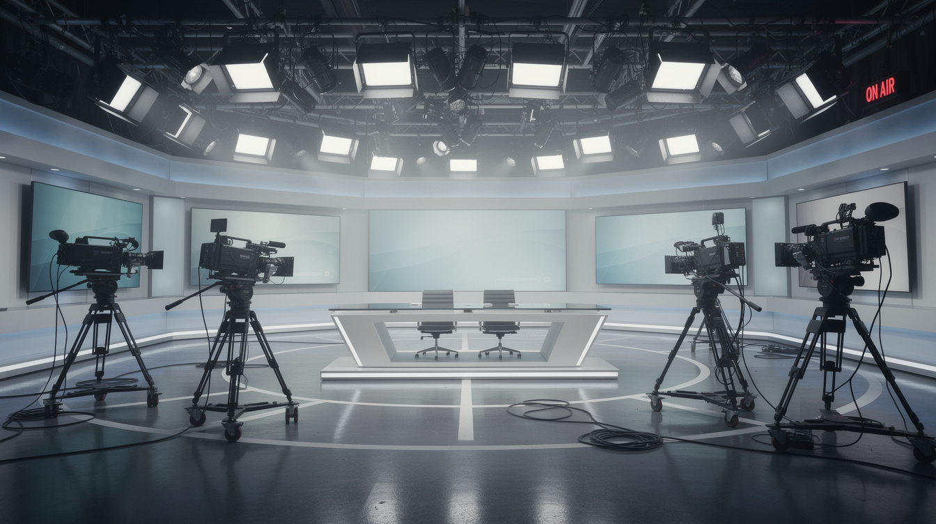 Wide shot of a TV studio with lighting grid and cameras before a live broadcast