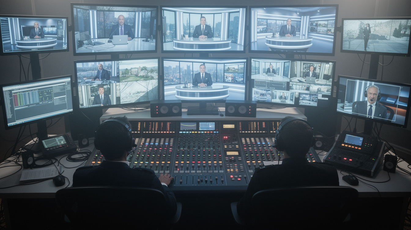 Television control room during a live broadcast with multiple monitors